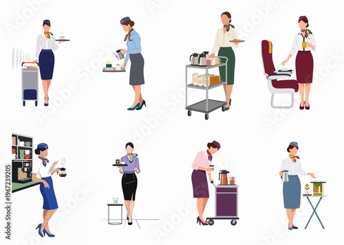 Collection of eight flat-style illustrations of flight attendants providing cabin service, serving food and beverages to passengers on an airplane.