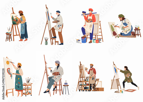 Collection of diverse artists and painters working on various canvases in their studios using palettes, brushes, and easels.