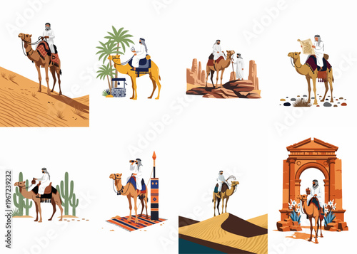 Set of flat vector illustrations depicting Bedouin men on camels traveling through various desert landscapes, oases, and ancient architectural ruins.