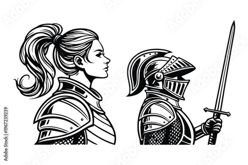 Female Knight in Armor Medieval Warrior Woman. Vintage Engraving Set. A highly detailed black and white vintage vector illustration of a powerful medieval female knight, shown in two poses side by sid