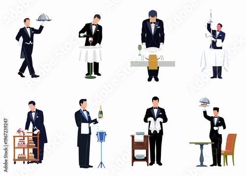 Flat vector illustrations of professional waiters in formal uniforms performing various fine dining services, including serving food, wine, and desserts.