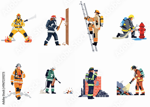 Professional Firefighters in Action Illustration Set Featuring Rescue Operations, Fire Suppression, and Emergency Service Tasks in a Clean Flat Vector Style