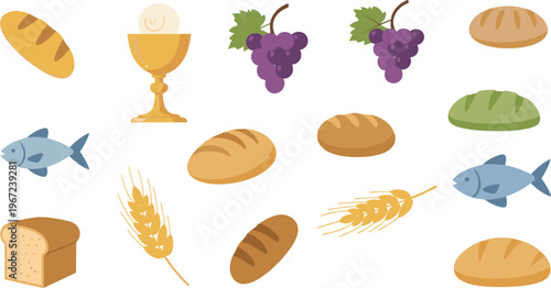 Christian communion elements collection bread fish wheat grapes chalice religious symbols vector illustration set