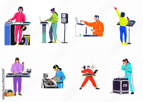 Set of diverse professional DJs mixing music with turntables, mixers, and audio equipment in a colorful flat illustration style.