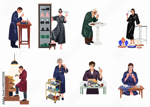 Illustration set showing jewelers and gemologists in silk robes inspecting luxury diamonds, precious stones, and necklaces in a boutique or private workshop setting.