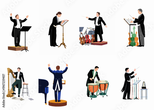 Vector illustration set of orchestra conductors and musicians in formal wear with various musical instruments including harp, timpani, and violins.