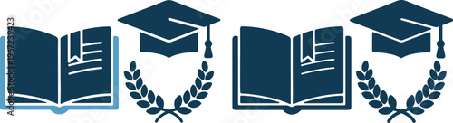 Education icons including books graduation caps and laurel wreaths