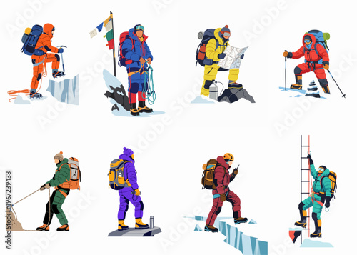 Set of diverse mountain climbers and mountaineers in professional winter gear performing various high-altitude activities, isolated on a white background, vector illustration.