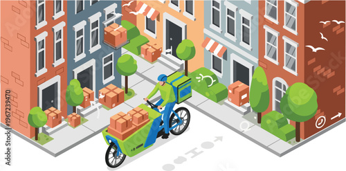 Isometric City Delivery Concept with Electric Cargo Bike and Courier Transporting Packages in a Sustainable Urban Environment