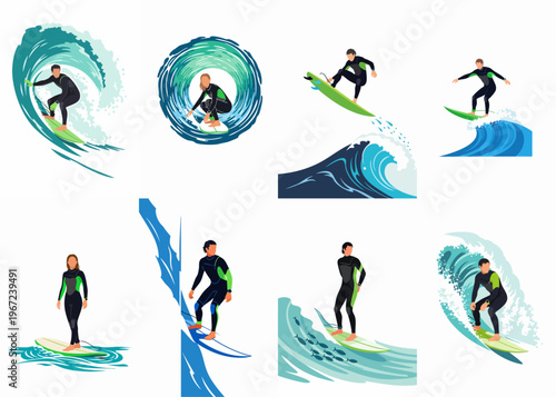 A collection of vector illustrations featuring male and female surfers in wetsuits riding ocean waves, performing different maneuvers on their surfboards.