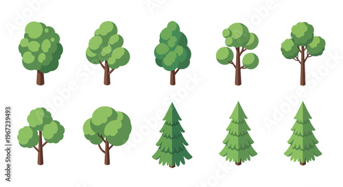 Collection of stylized cartoonish trees in various shapes and sizes