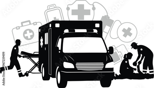 Emergency medical services illustration ambulance and healthcare professionals