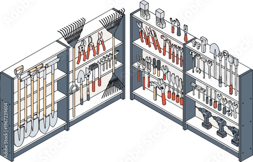 Organized Workshop and Garden Tool Collection on Storage Shelves Isometric Illustration
