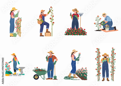 Collection of flat illustrations showing diverse people gardening, pruning roses, and using garden tools in a backyard setting.