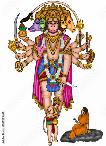 Konstfotografi hand drawn digital art of lord panchmukhi hanuman