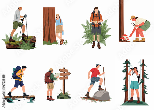 Collection of flat vector illustrations depicting people engaged in various outdoor hiking, trekking, and nature exploration activities with diverse gear and equipment.