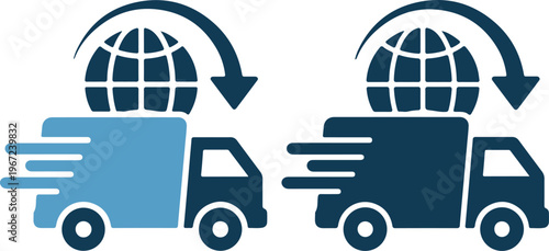 International delivery trucks exchanging globe with arrows