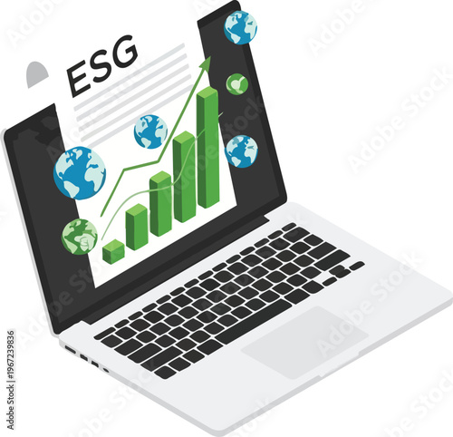 ESG Sustainable Business Report on Laptop Screen with Rising Growth Charts and Globes Isometric Illustration