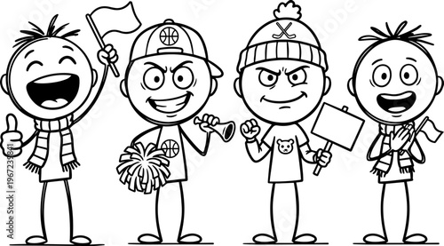 Hand-drawn black and white characters of sports fans, showing various emotions and encouraging the fans. painted men sports fans a set of emotions