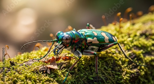Tiger Beetle on Mossy Branch - A Detailed Macro Shot.