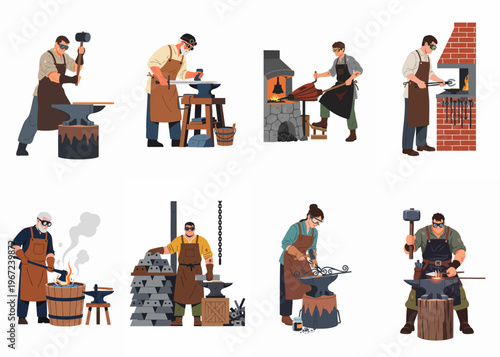 Set of blacksmith character illustrations showing various metalworking stages including forging, hammering, and quenching in a traditional workshop setting.