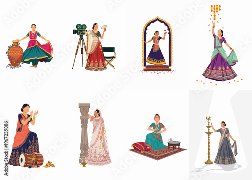 Set of flat vector illustrations of Indian women in traditional saris and lehengas performing various cultural activities, rituals, and artistic expressions.