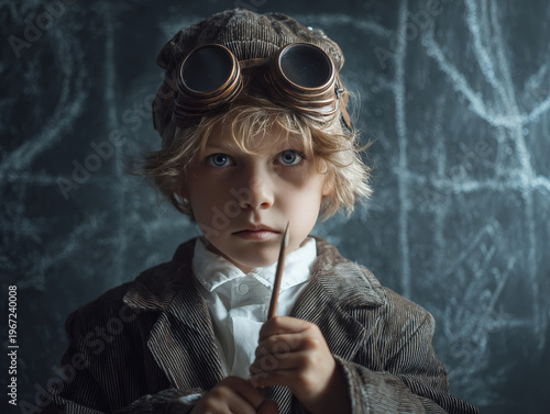 Young Inventor's Dream: Steampunk Style Portrait of a Curly-Haired Boy with Goggles and Aviator Hat in Vintage Fashion
