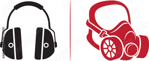 Minimalist vector icons of industrial earmuffs and a respirator mask, representing essential personal protective equipment (PPE) for hearing and respiratory safety in work environments.