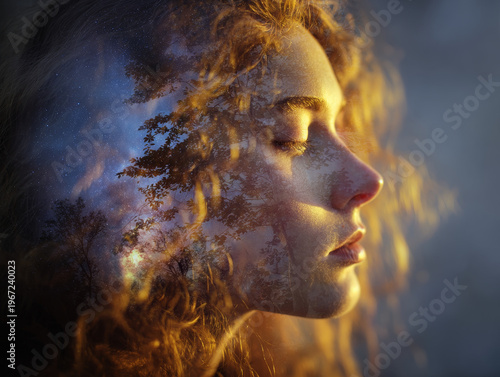 Dreamy Double Exposure: Woman's Silhouette Blends with Forest Trees in Surreal Artistic Portrait during Twilight - Ethereal Reflection of Nature Connection at Golden Hour