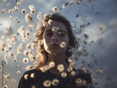 Serene Portrait of a Woman with Dandelions in Soft Focus: Exploring Beauty in Nature's Mystical Elegance