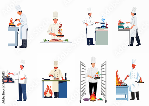 Flat illustration collection of professional male and female chefs cooking gourmet meals with fire and flair in a commercial restaurant kitchen environment.