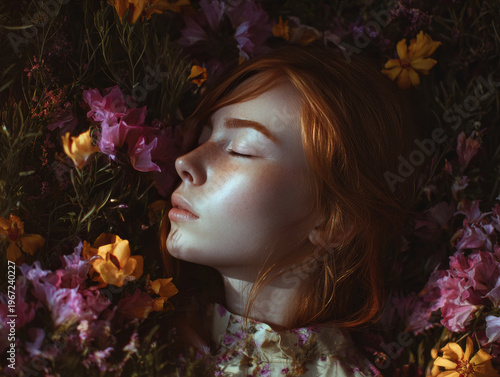 Serene Redhead Woman in Artistic Floral Portrait: Soft Light and Pastel Blooms in Tranquil, Dreamy Nature Photography with Vintage Aesthetic