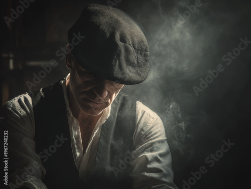 Vintage Man in Cap with Smoke: Mysterious and Dramatic 1930s Noir Portrait in Shadow and Mood Lighting