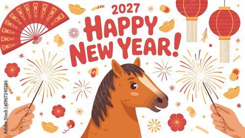 Happy New Year 2027 Horse Celebration with Fireworks and Lanterns.