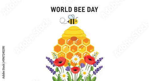 World bee day illustration featuring a beehive and flying bee