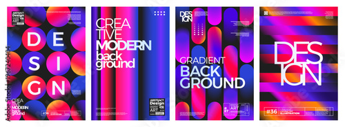 Colorful abstract set of gradient backgrounds. Trendy template concept with geometric shapes in bright colors. Modern design for advertising, poster, landing pages, banner, flyer, branding, cover
