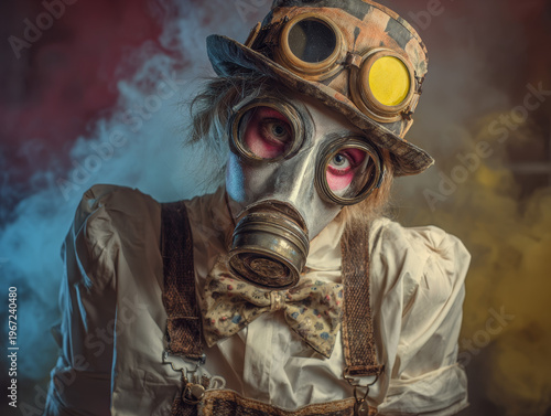 Steampunk Fantasy Costume: Vintage Gas Mask & Steampunk Goggles in Eccentric Victorian Style for Retro-Themed Cosplay Event Photography