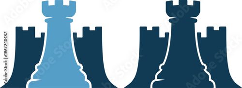 Blue and dark blue chess pieces on, rook and king silhouettes