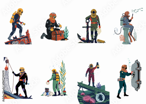 Vintage underwater diving illustrations set featuring explorers searching for treasure, investigating shipwrecks, and studying marine life in antique suits.
