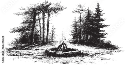 A vector illustration of a campfire burning in the forest.
