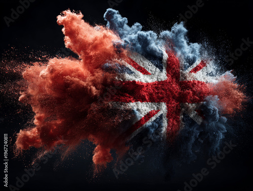 Vibrant UK Flag Explosion: Abstract Art with Dynamic Color Burst and Cloud Effects