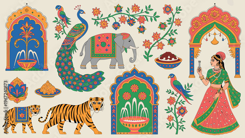 Vibrant Indian Cultural Elements Collection with Animals and Architecture.