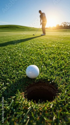 Golf Ball Near The Hole as Player Prepares to Putt on Green Course During Sunset