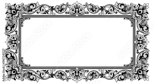 Ornate vintage decorative frame with intricate baroque scrollwork in black white
