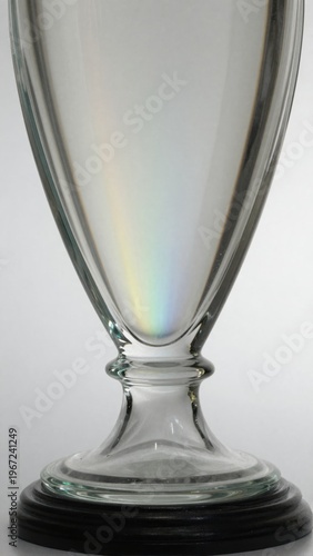 Elegant Glass Trophy on Black Base with Iridescent Reflection Against a Neutral Background