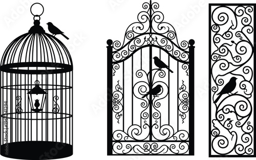 Decorative bird cage and ornate wrought iron gate silhouettes, vintage scrollwork design with birds, elegant ornamental metalwork vector illustration set