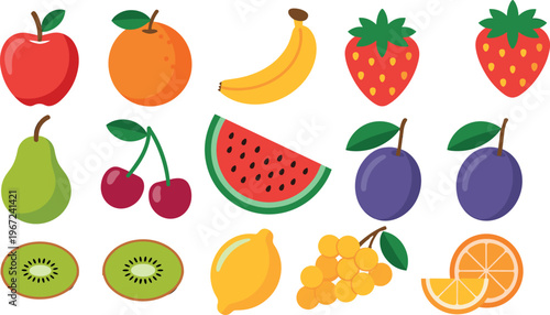 Fruit collection illustration with apple, banana, orange, strawberry, watermelon, and more, colorful fresh food icons, healthy nutrition concept, flat design