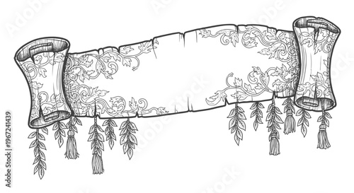 Ornate vintage scroll banner with floral decoration and tassels