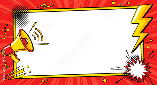 Pop art comic banner with megaphone and lightning bolt
