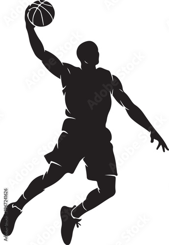 Black silhouette of basketball player jumping to dunk ball
